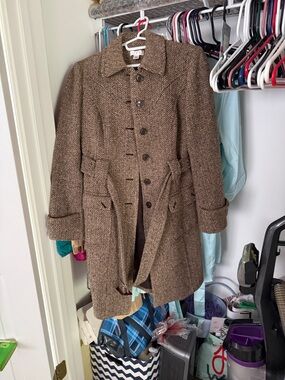 LOFT Brown Herringbone Wool-Blend Trench Coat